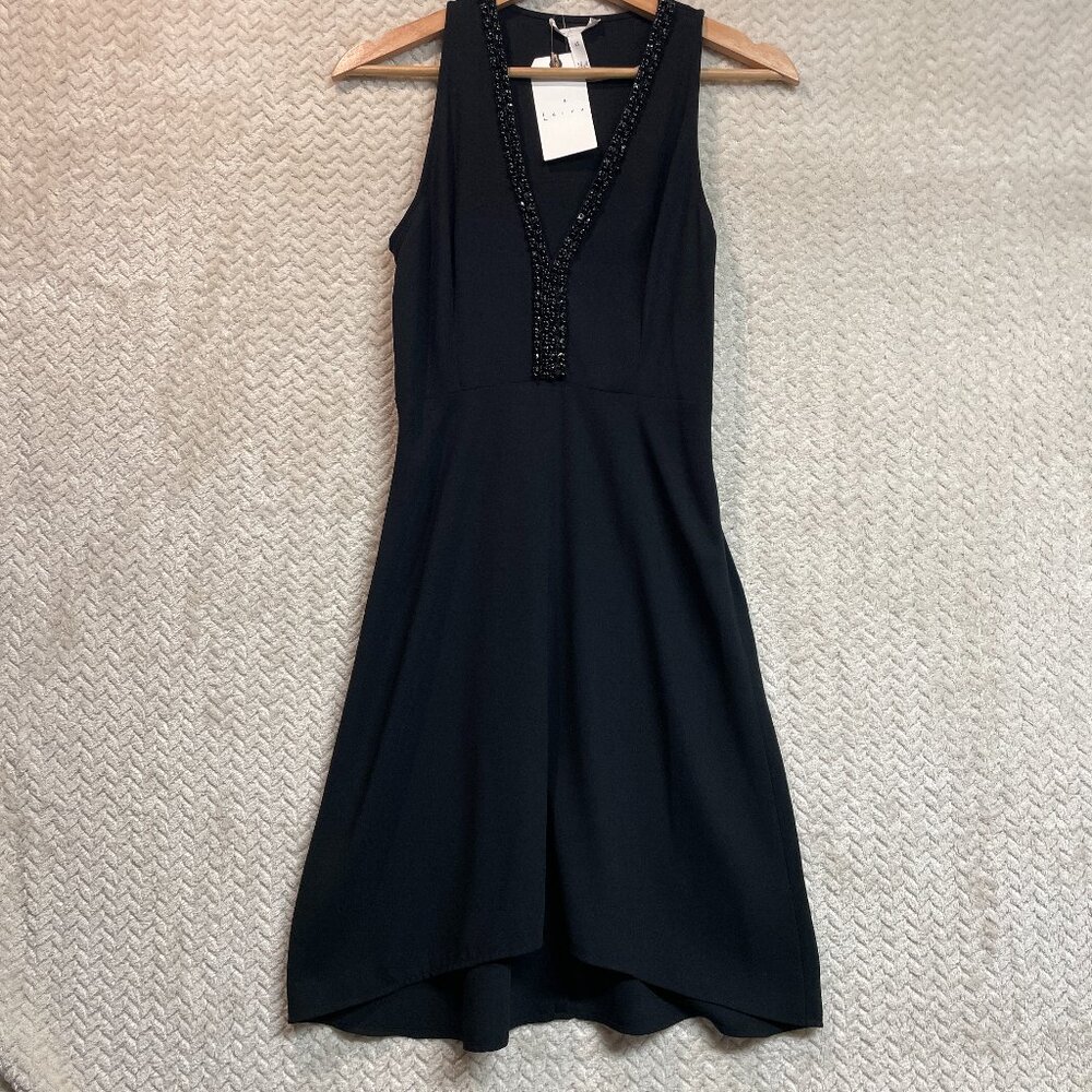 Leith Womens Black Vneck Beaded Fit & Flare Cocktail Party Mini Sleveless Dress
